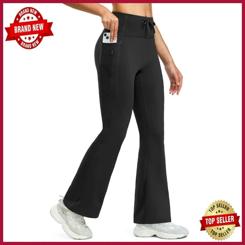 Fleece Lined Thermal Leggings with Zipper Pocket High Waist Bootcut